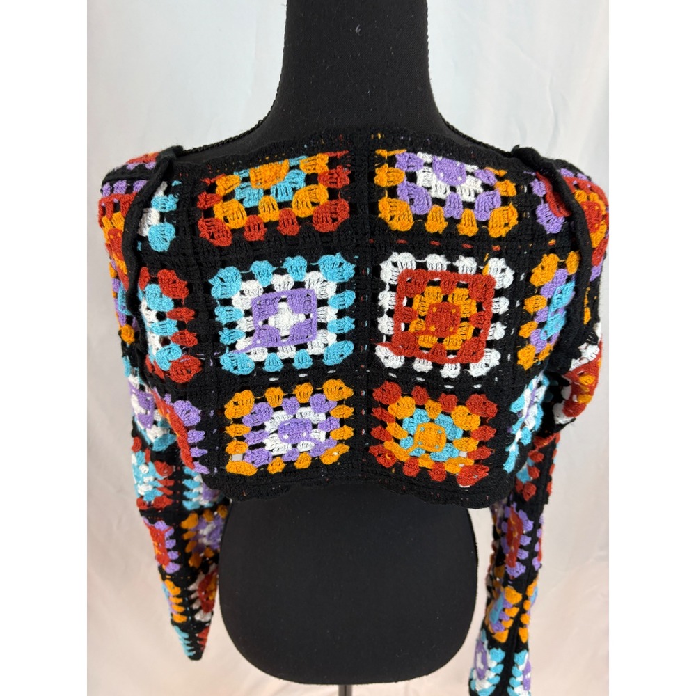 Multicolor Crochet Granny Square Shrug Bolero Cropped Cardigan Black Boho - Picture 9 of 11